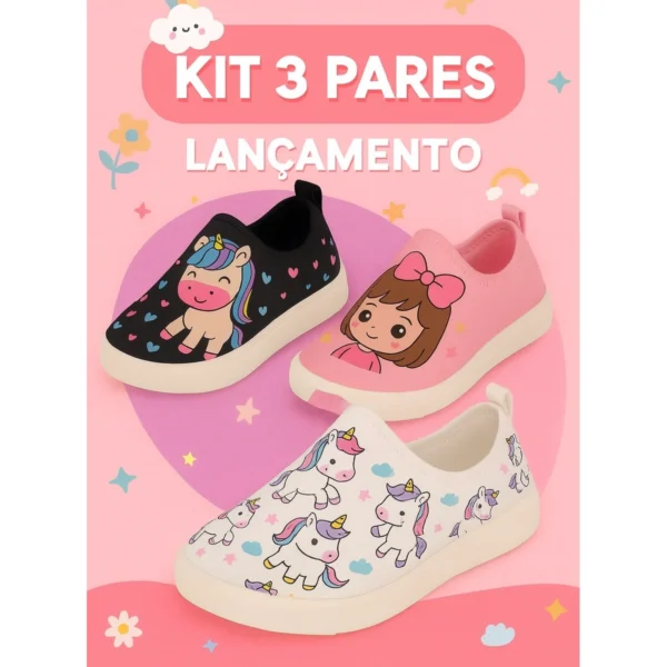 kit 3 tenis infantil menina unicornios 20 ao 33 confortavel