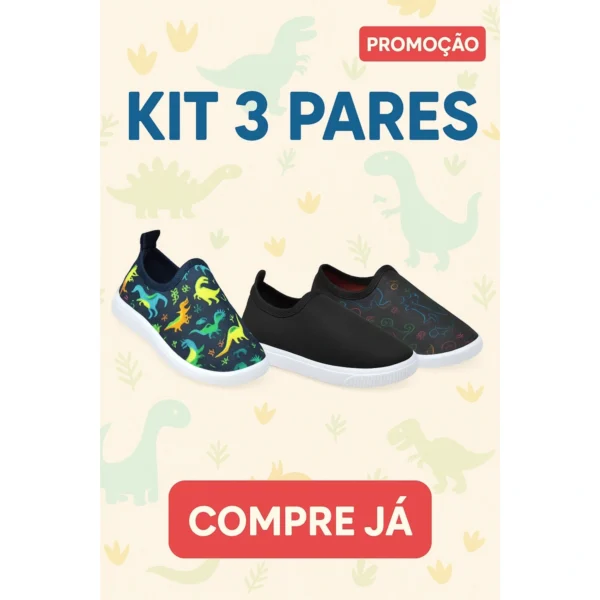 kit 3 tenis calce facil dinossauros 20 ao 33 confortavel