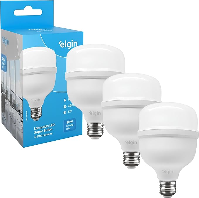 Kit Lâmpadas Led Super Bulbo 40w Alta Potência Bivolt Branco Frio Elgin (Kit 3 Unidades)
