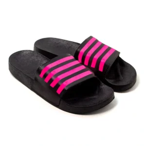 Chinelo Slide Feminino Listras Preto Pink