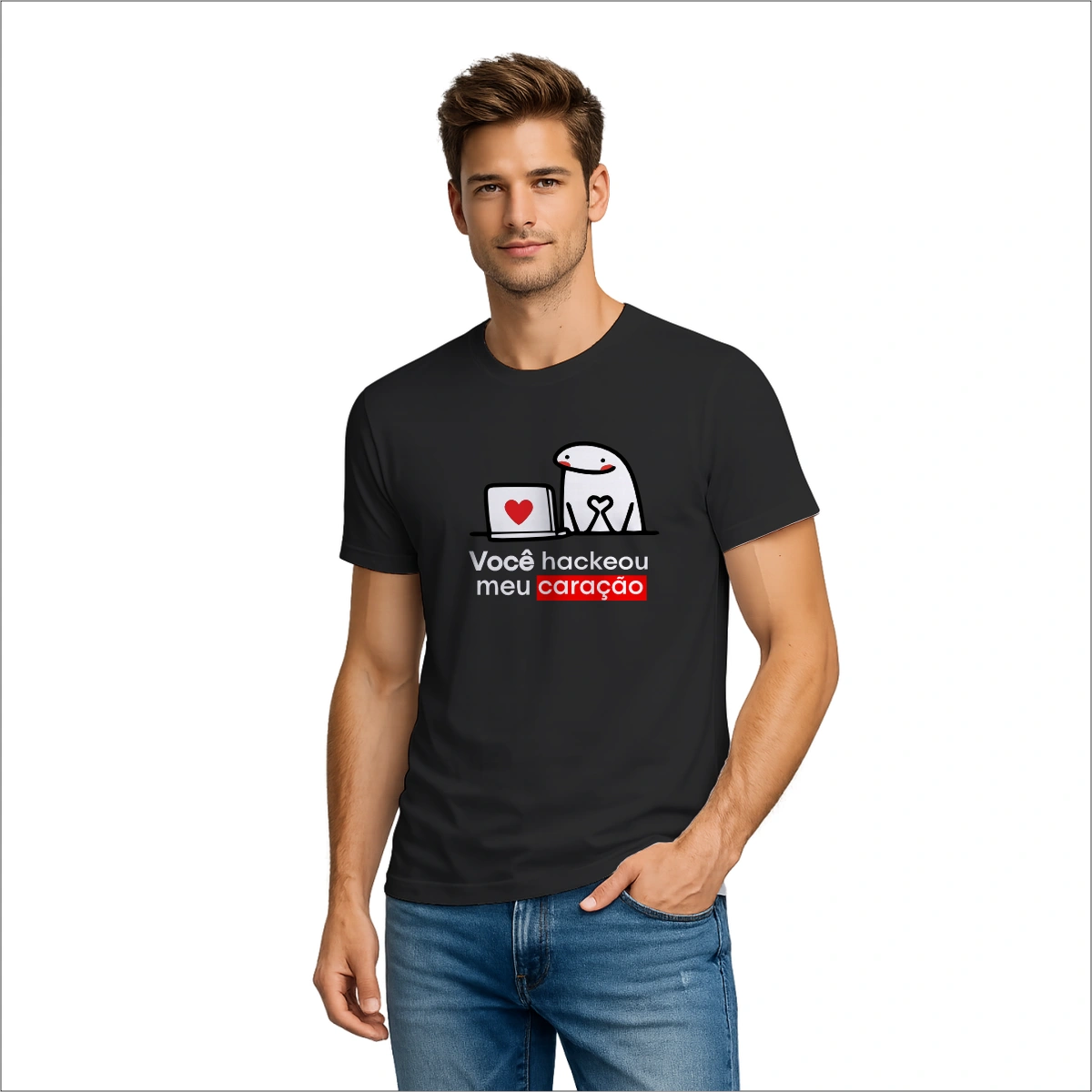 Camiseta Masculina Dia dos Namorados Metade Você Hackeou Meu Coração - Imagem 3
