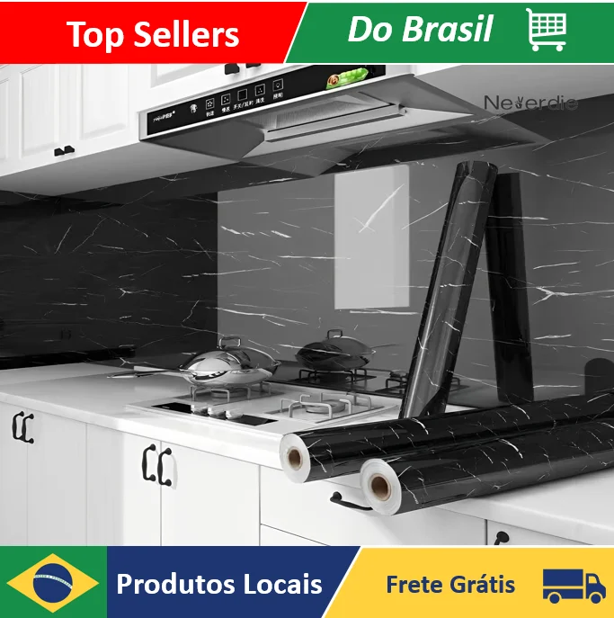 Papel de Parede Adesivos Para Cozinha Brilhante Lavável Mármore 3M x 60CM Resistente Água Mármore - Neverdie Store