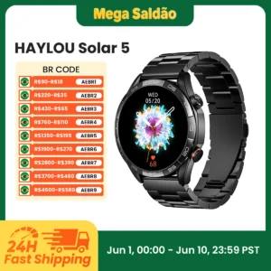 Smartwatch Haylou Solar 5 AMOLED 1.58", Chamadas Bluetooth, Prova d'água IP68 e Saúde 24H