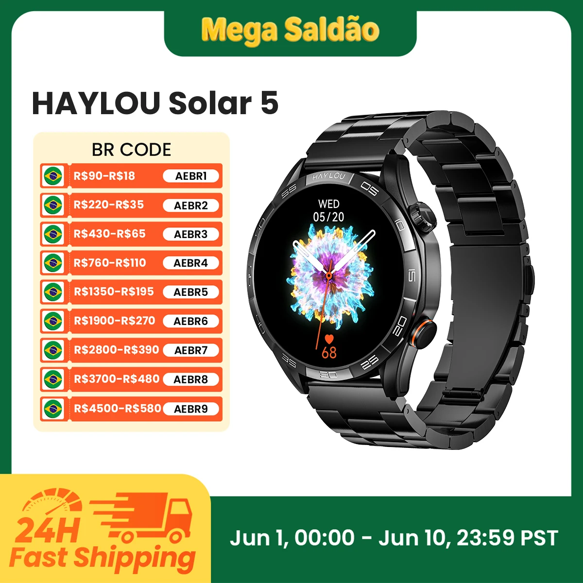 Smartwatch Haylou Solar 5 AMOLED 1.58", Chamadas Bluetooth, Prova d'água IP68 e Saúde 24H