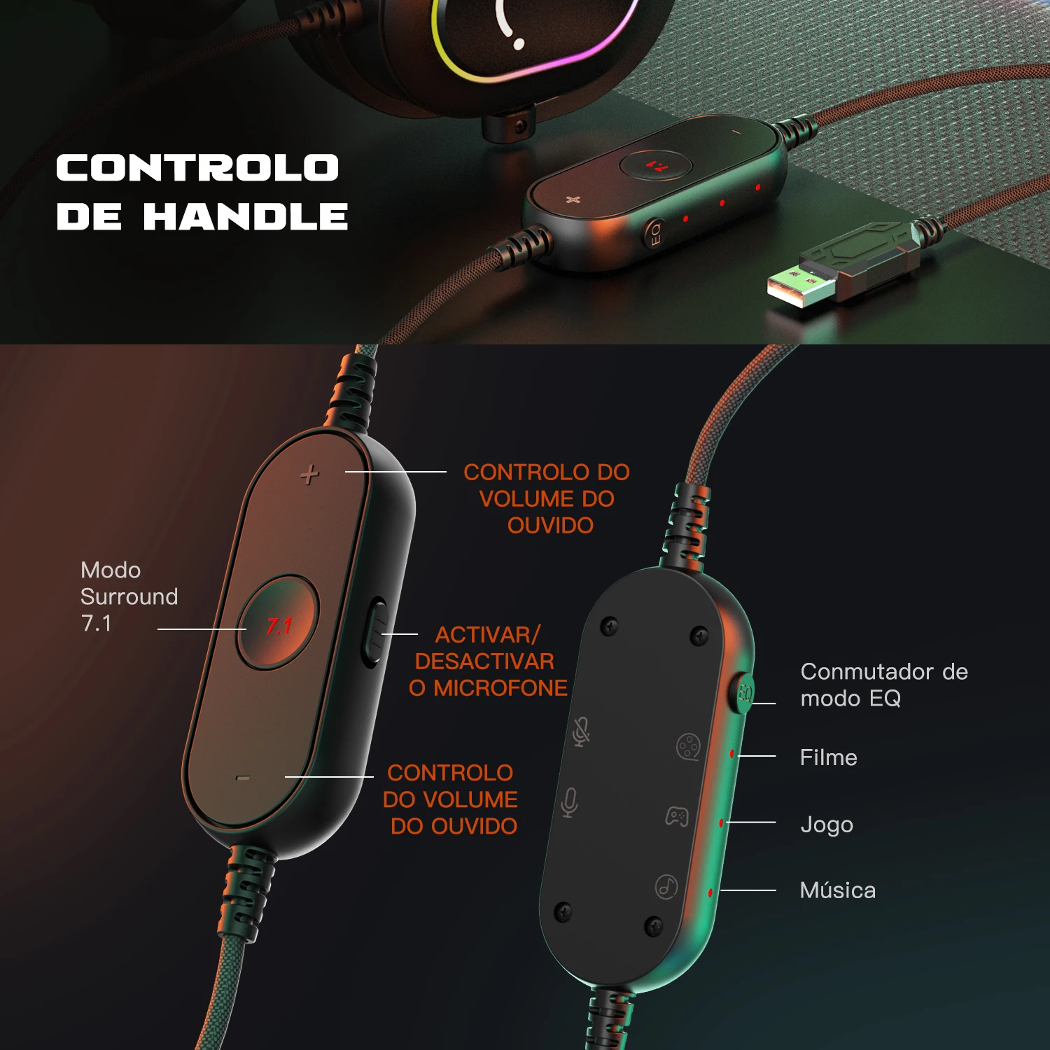 Fone de ouvido para jogos RGB dinâmico Fifine com microfone Fones de ouvido sobre a orelha 7.1 Sonido surround PC PS4 PS5 3 opções EQ Jogo Filme Música - H6 - Imagem 6