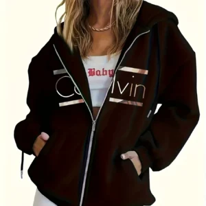 Moletom Feminino Com Capuz E Zíper Marrom Estampa Casual