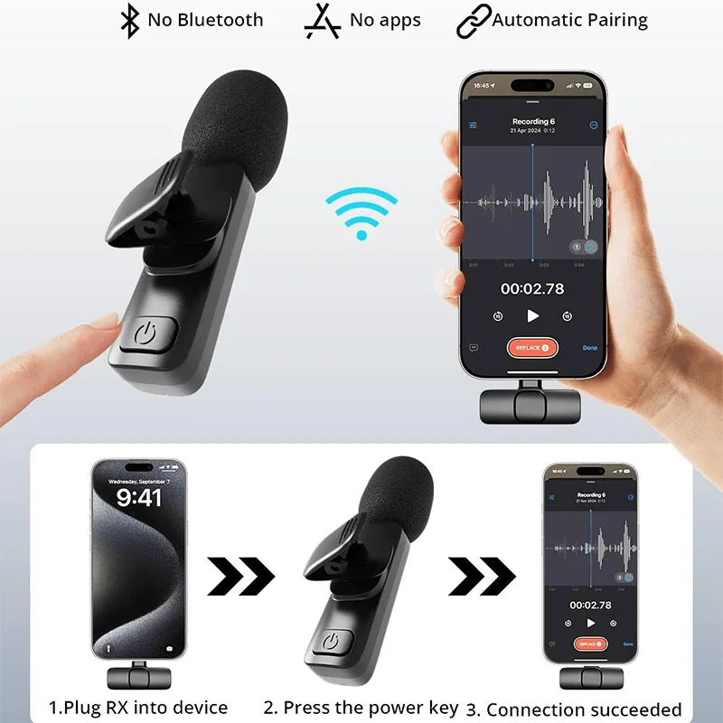 Microfone de Lapela Sem Fio para iPhone, iPad, Microfone para Gravação de Vídeos, Entrevistas, Podcasts e Vlogs com Redução de Ruído - Imagem 4
