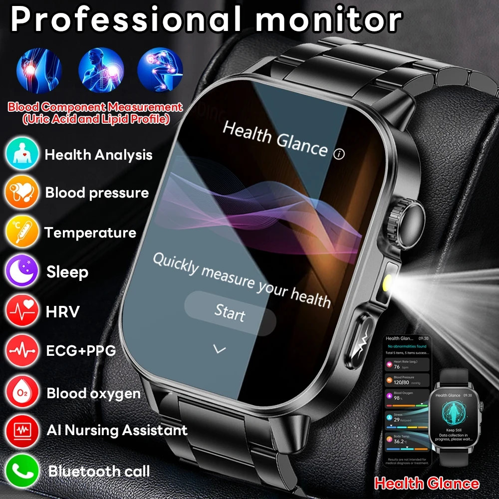 Smartwatch Masculino e Feminino ECG+PPG com Ácido Úrico e Saúde Lipídica Tela 2.01" Chamada Bluetooth e Lanterna