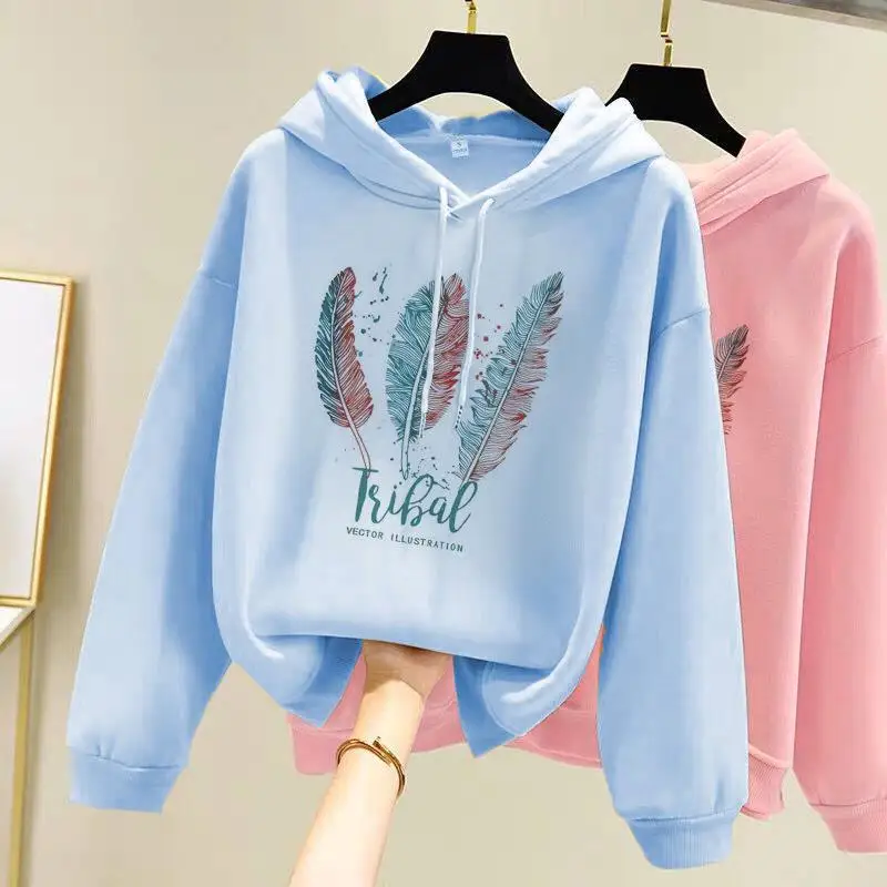 Moletom estampado em penas feminino, moletom solto de veludo, moda casual, outono, inverno - Imagem 3