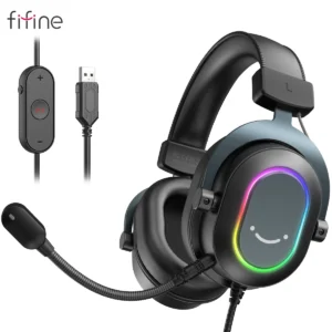 Fone de ouvido para jogos RGB dinâmico Fifine com microfone Fones de ouvido sobre a orelha 7.1 Sonido surround PC PS4 PS5 3 opções EQ Jogo Filme Música - H6