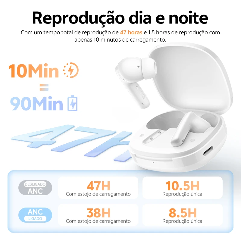 QCY T13 Pro Fones de Ouvido Sem Fio com ANC Adaptativo, Drivers de 13mm, Graves Potentes, ANC Híbrido de 50dB, Bluetooth 6.0, 6 Microfones ENC, 47H de Duração HT23 - Imagem 4