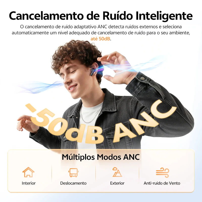 QCY T13 Pro Fones de Ouvido Sem Fio com ANC Adaptativo, Drivers de 13mm, Graves Potentes, ANC Híbrido de 50dB, Bluetooth 6.0, 6 Microfones ENC, 47H de Duração HT23 - Imagem 2