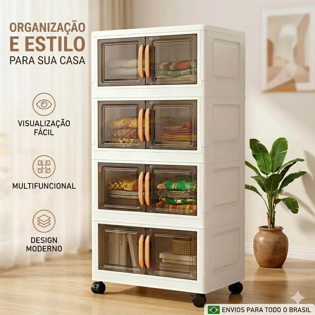 Organizador De Armário Dobrável Empilhável Com Rodas E Portas Magnéticas