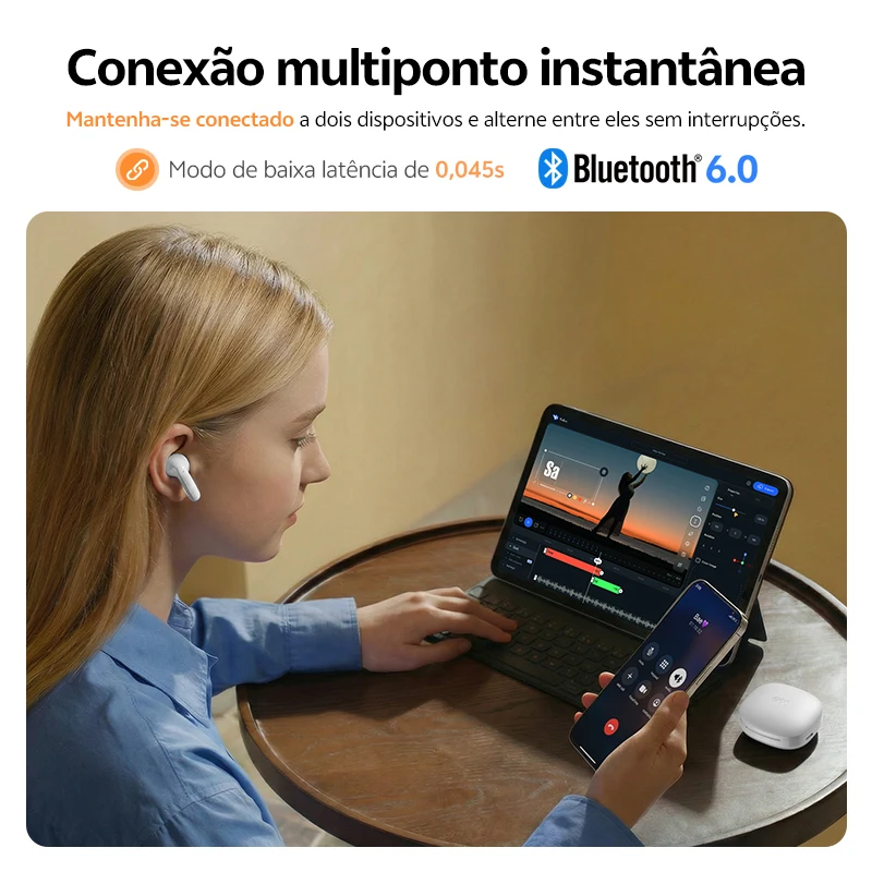 QCY T13 Pro Fones de Ouvido Sem Fio com ANC Adaptativo, Drivers de 13mm, Graves Potentes, ANC Híbrido de 50dB, Bluetooth 6.0, 6 Microfones ENC, 47H de Duração HT23 - Imagem 5
