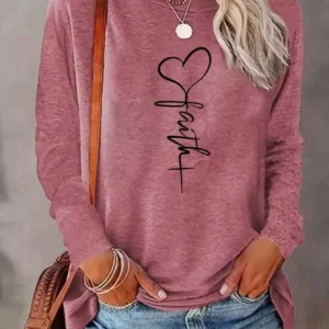 Blusa Feminina de Manga Longa Solta com Decote Redondo Elegante em Poliéster Tricotado com Padrão de Corações para Outono e Inverno