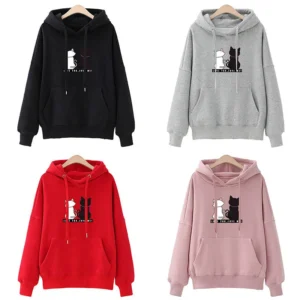 Blusa Moletom Feminina Com Capuz Canguru Desenho Gato