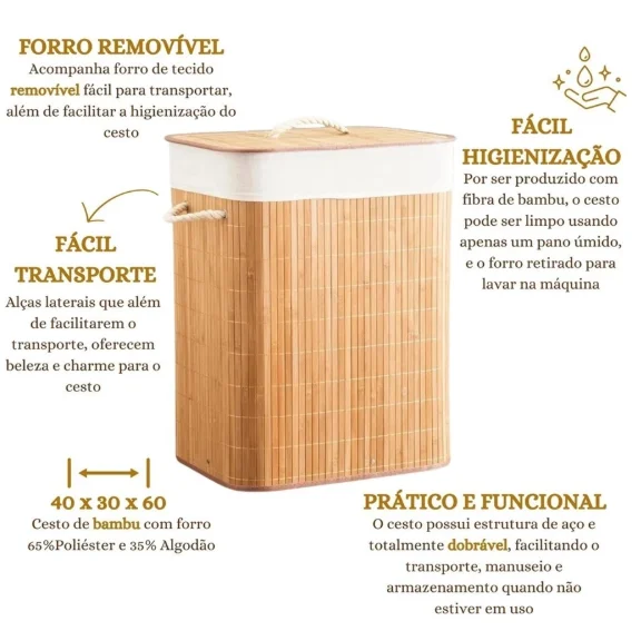 Cesto De Roupa Suja Bambu Com Tampa e Alças Forrado Organizador Grande - Neverdie Store - Imagem 4