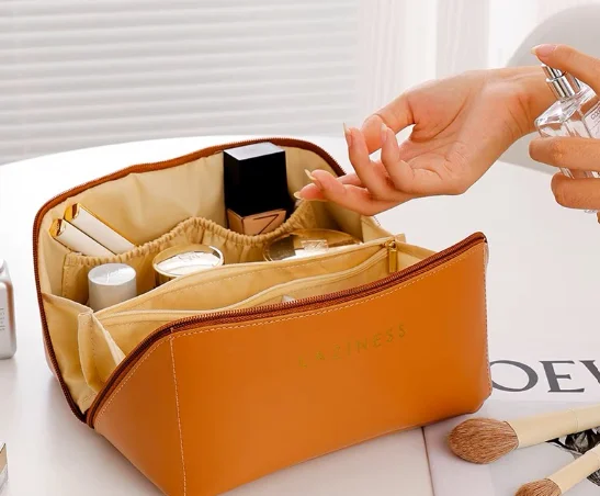 Bolsa Necessaire Feminino Cosmético De Couro PU De Grande Capacidade Portátil Viagem - Neverdie - Imagem 3