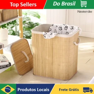 Cesto De Roupa Suja Bambu Com Tampa e Alças Forrado Organizador Grande - Neverdie Store