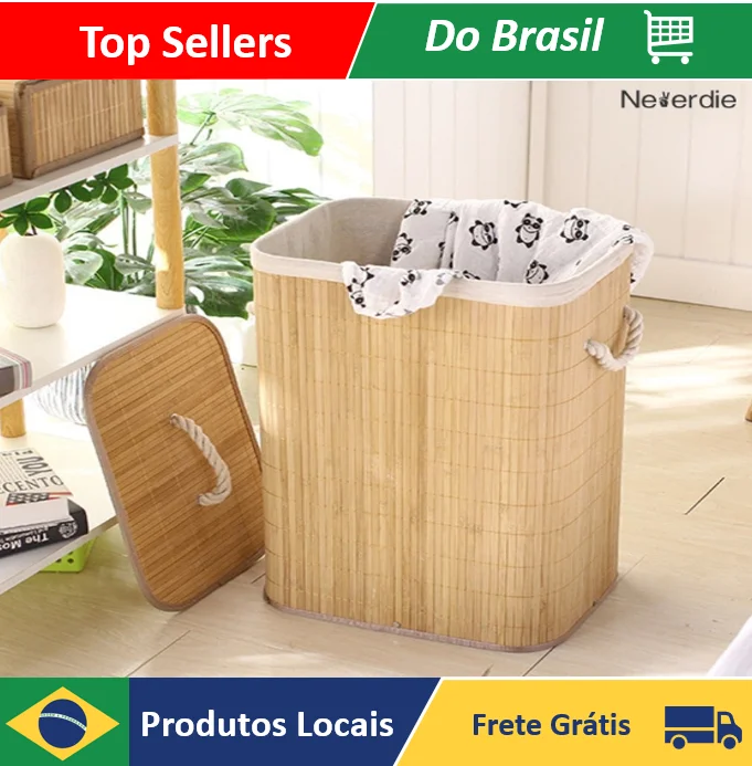Cesto De Roupa Suja Bambu Com Tampa e Alças Forrado Organizador Grande - Neverdie Store