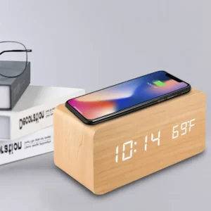 Despertador digital de madeira com carregamento sem fio LED Relógio com hora Data Temperatura Relógios de mesa para escritório Relógio de cabeceira