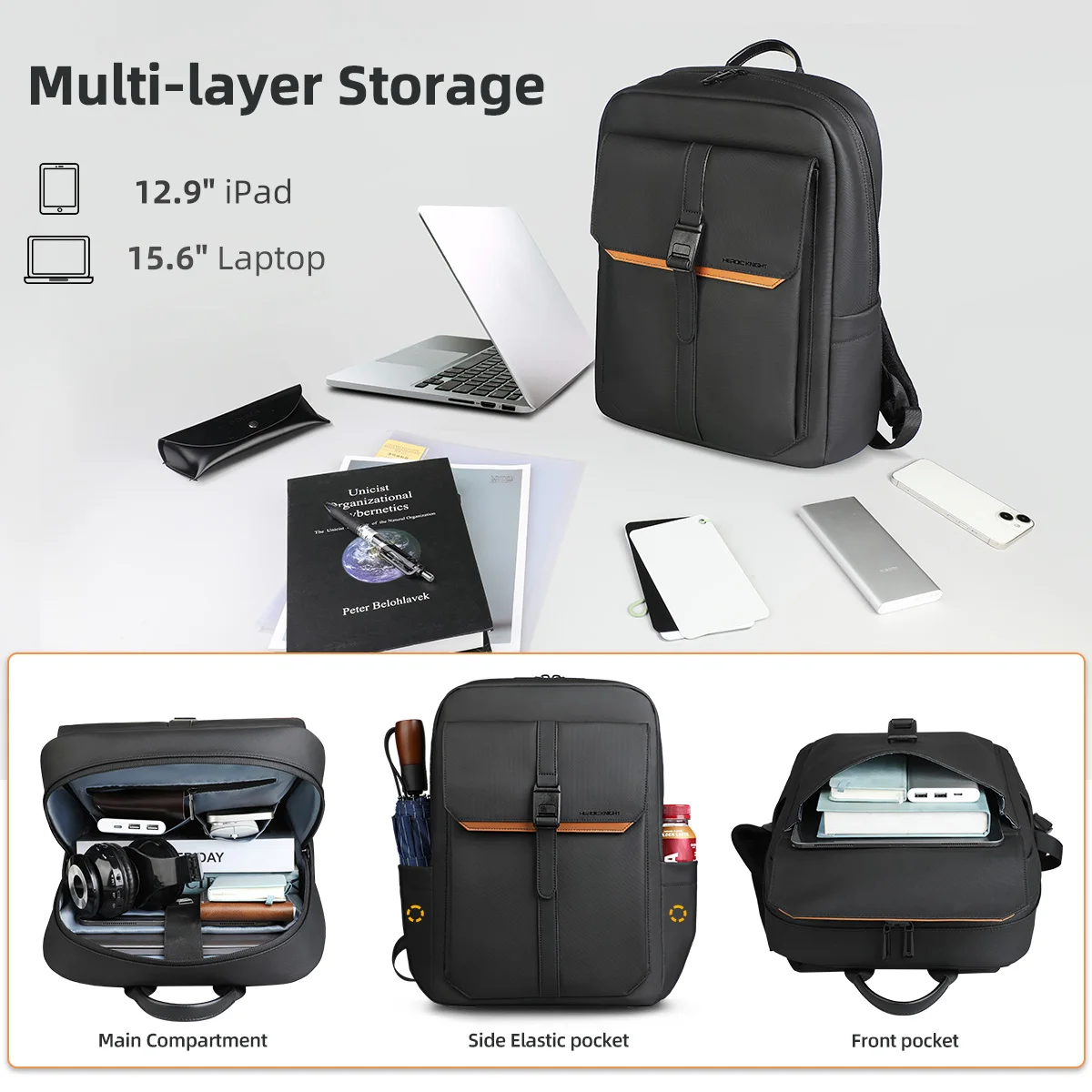 Mochila de negócios elegante HK para homens, à prova d'água, mochila para laptop com aba de 15,6 polegadas, vários bolsos, mochila casual para trabalho, escola - Imagem 4
