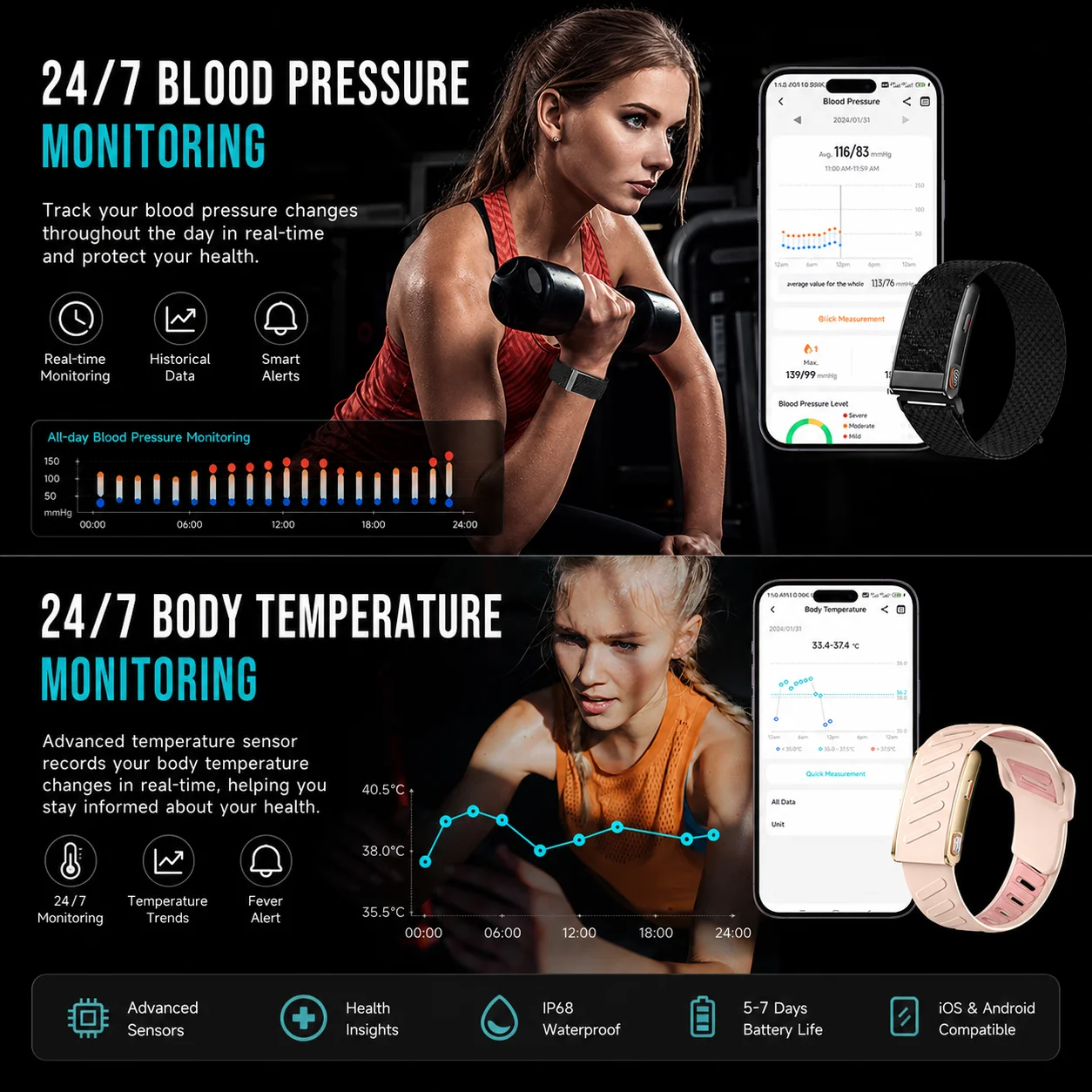 Pulseira inteligente sem tela, ip68, à prova d'água, rastreador de fitness, lembrete de chamadas, mais de 120 modos esportivos, pulseira de frequência cardíaca para homens e mulheres - Image 5