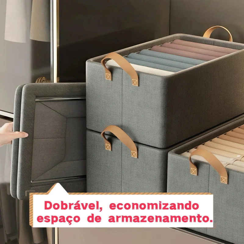 Organizador Guarda Roupa Resistente 25L Suporte de Aço Placa de Fundo Rígida Com Alças Dobrável - Imagem 4
