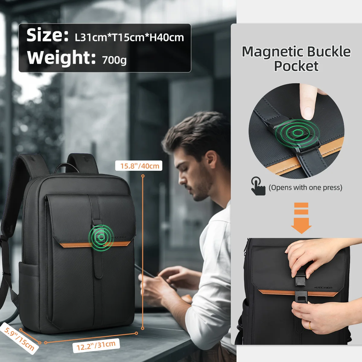 Mochila de negócios elegante HK para homens, à prova d'água, mochila para laptop com aba de 15,6 polegadas, vários bolsos, mochila casual para trabalho, escola - Imagem 5