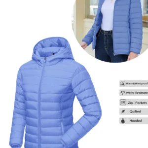 Tacvasen jaqueta feminina acolchoada com capuz e zíper completo, casacos quentes acolchoados de inverno, corta-vento casual acolchoado, leve, roupa externa