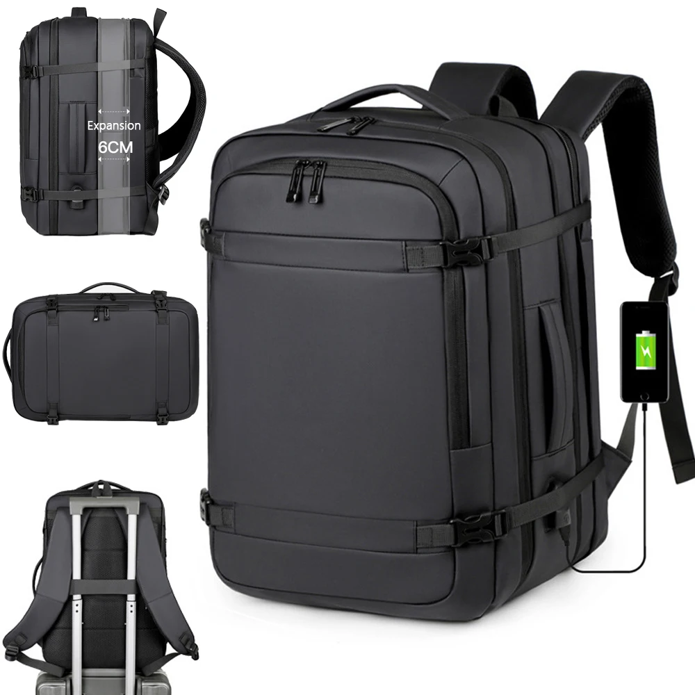 Mochila Clássica de Viagem Masculina, Mochila de Negócios, Mochila Escolar Expansível com USB, Grande Capacidade, Impermeável, Mochila Fashion