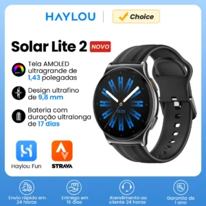 HAYLOU Solar Lite 2 Smartwatch 1.43 ''AMOLED Display 24h Monitoramento de Saúde Mais de 150 Modos Esportivos Chamadas de Voz Relógio Inteligente 1ATM