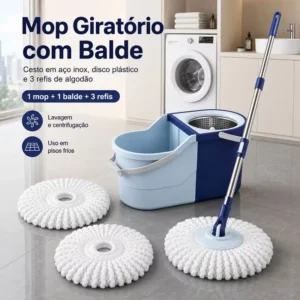 Kit Mop Giratório 360 Cesto Inox Com Balde + 3 Refis Microfibra