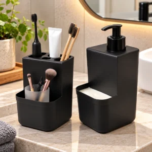 Kit Banheiro Dispenser Sabonete Líquido 400ml com Porta Escova de Dentes 4 Compartimentos