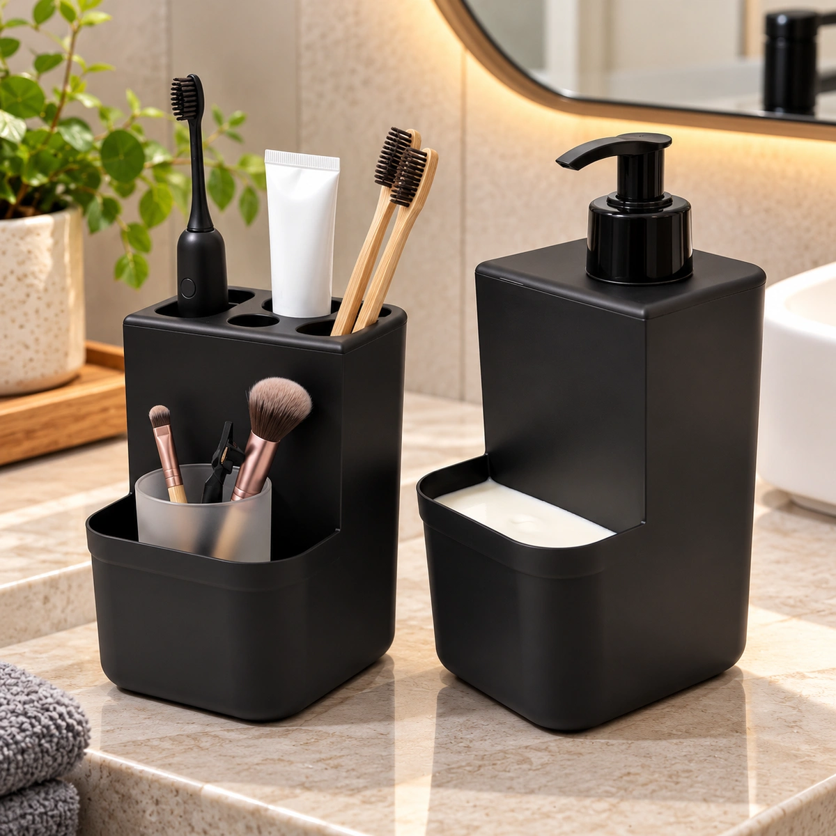 Kit Banheiro Dispenser Sabonete Líquido 400ml com Porta Escova de Dentes 4 Compartimentos