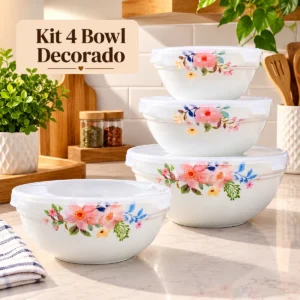 Kit 4 Bowls de Vidro com Tampa Pérola Decorados Floral 220ml 360ml 620ml 1100ml