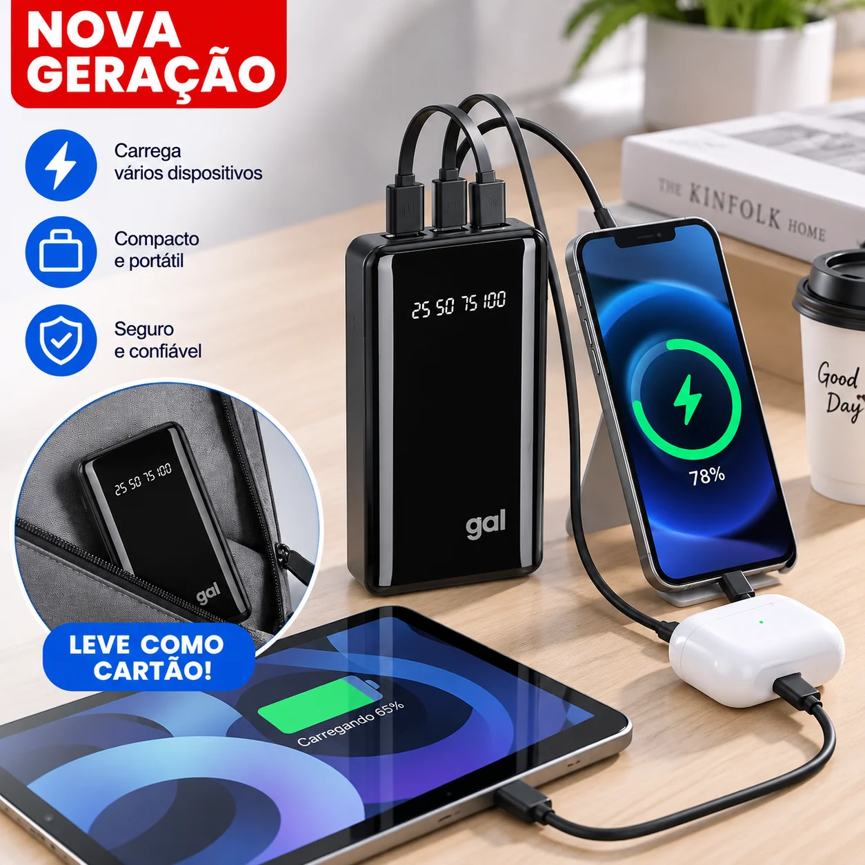 Carregador Portatil Power Bank 20000mah Lanterna Favo Mel - Imagem 6