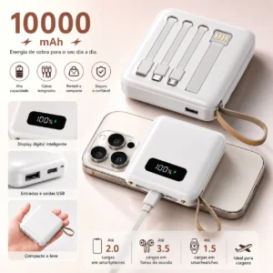Carregador Portátil Power Bank 10.000mAh Cabo Embutido Carga Rápida